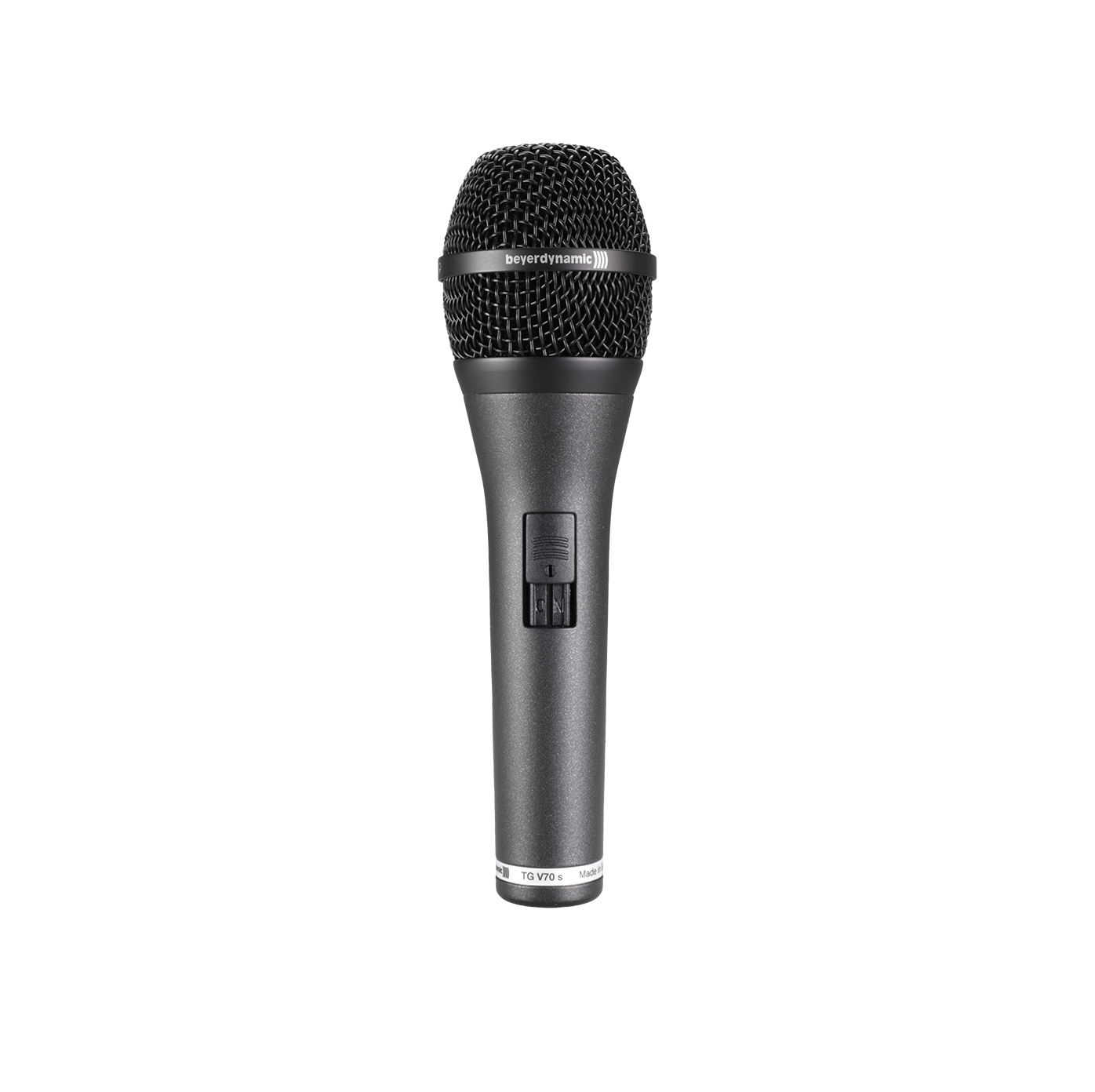 Microfone Beyerdynamic TG V70 s de frente, com o interruptor no corpo e a inscrição TG V70 s