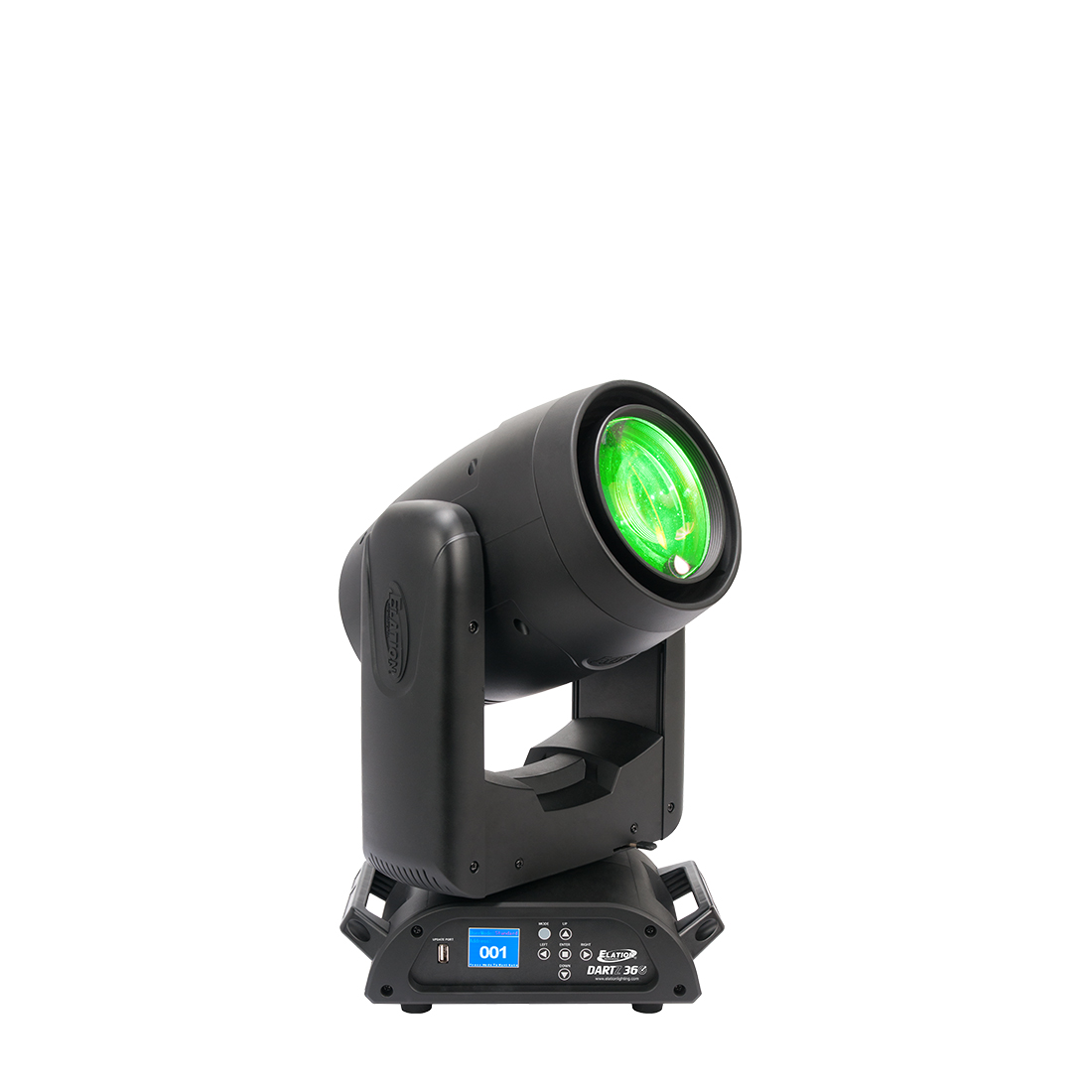 Cabeza móvil Elation Dartz 360 con el haz en verde, base con pantalla a color y botones de control