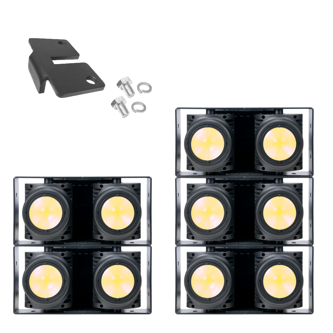 V&aacute;rias unidades Elation DTW Blinder 350 IP unidas em blocos de duas e tr&ecirc;s com as placas de uni&atilde;o opcionais
