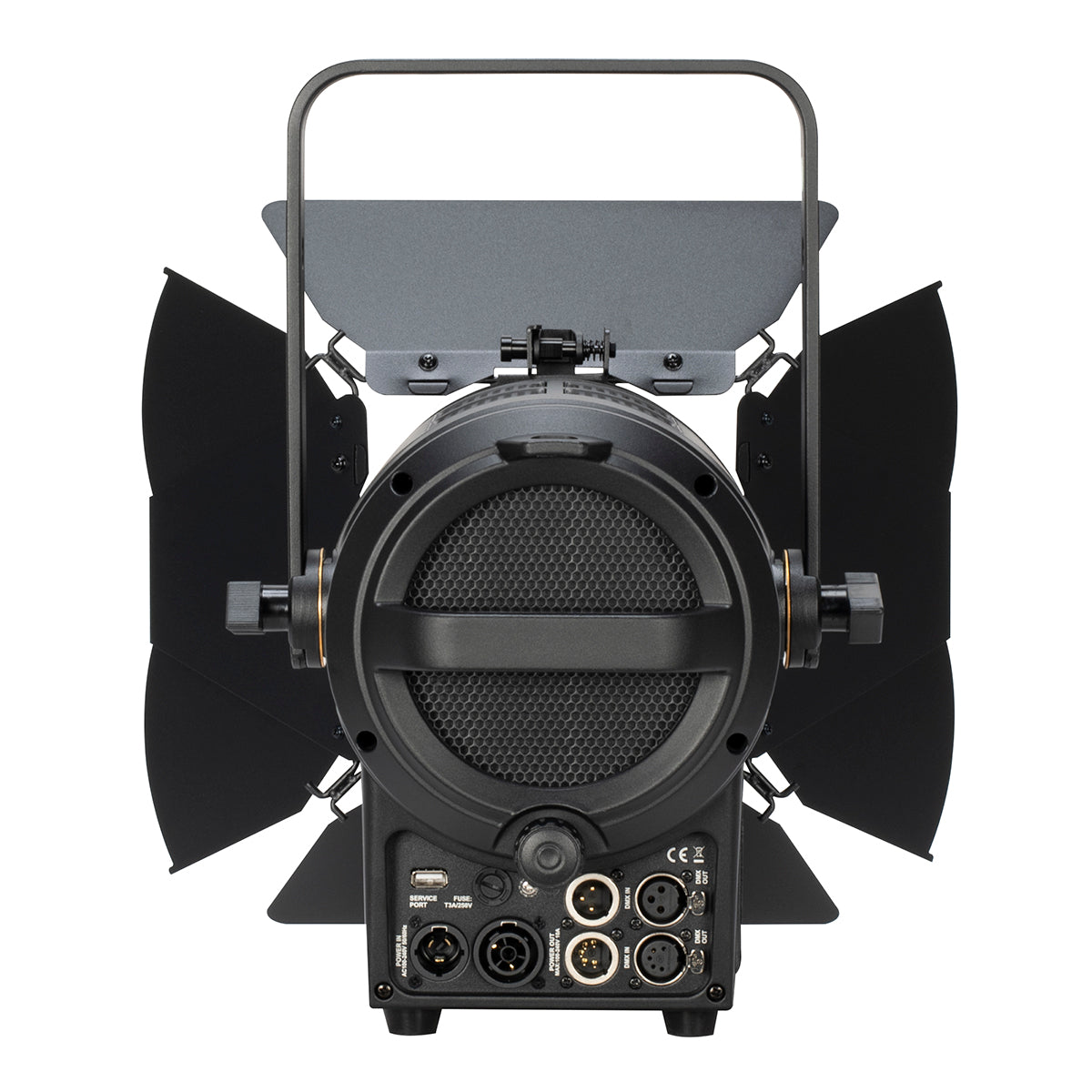 Parte trasera del Elation KL Fresnel 6 FC con conectores DMX de 3 y 5 pines y entrada y salida de corriente con bloqueo