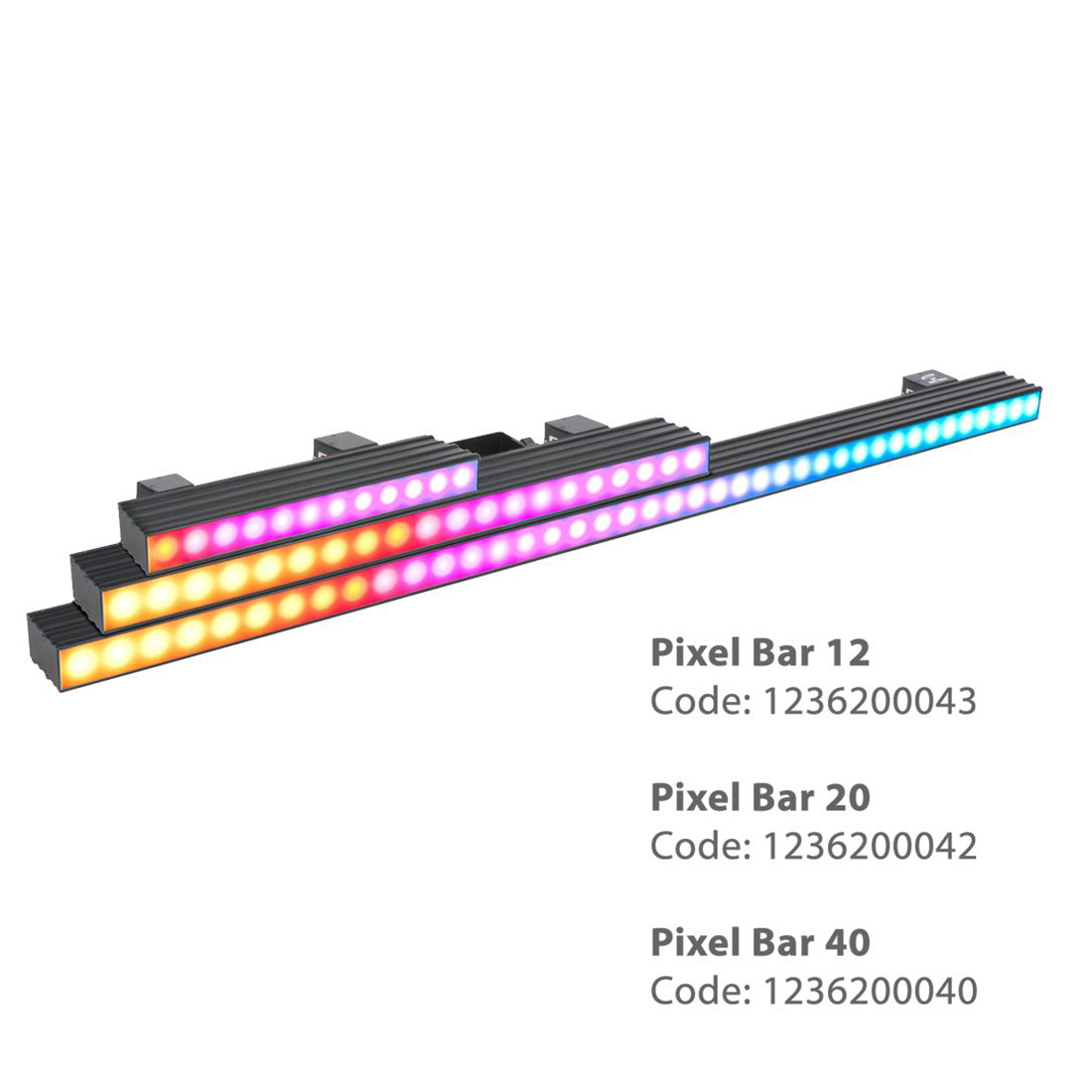 Serie Elation Pixel Bar: Pixel Bar 12, Pixel Bar 20 y Pixel Bar 40 encendidas con efecto de color por píxel