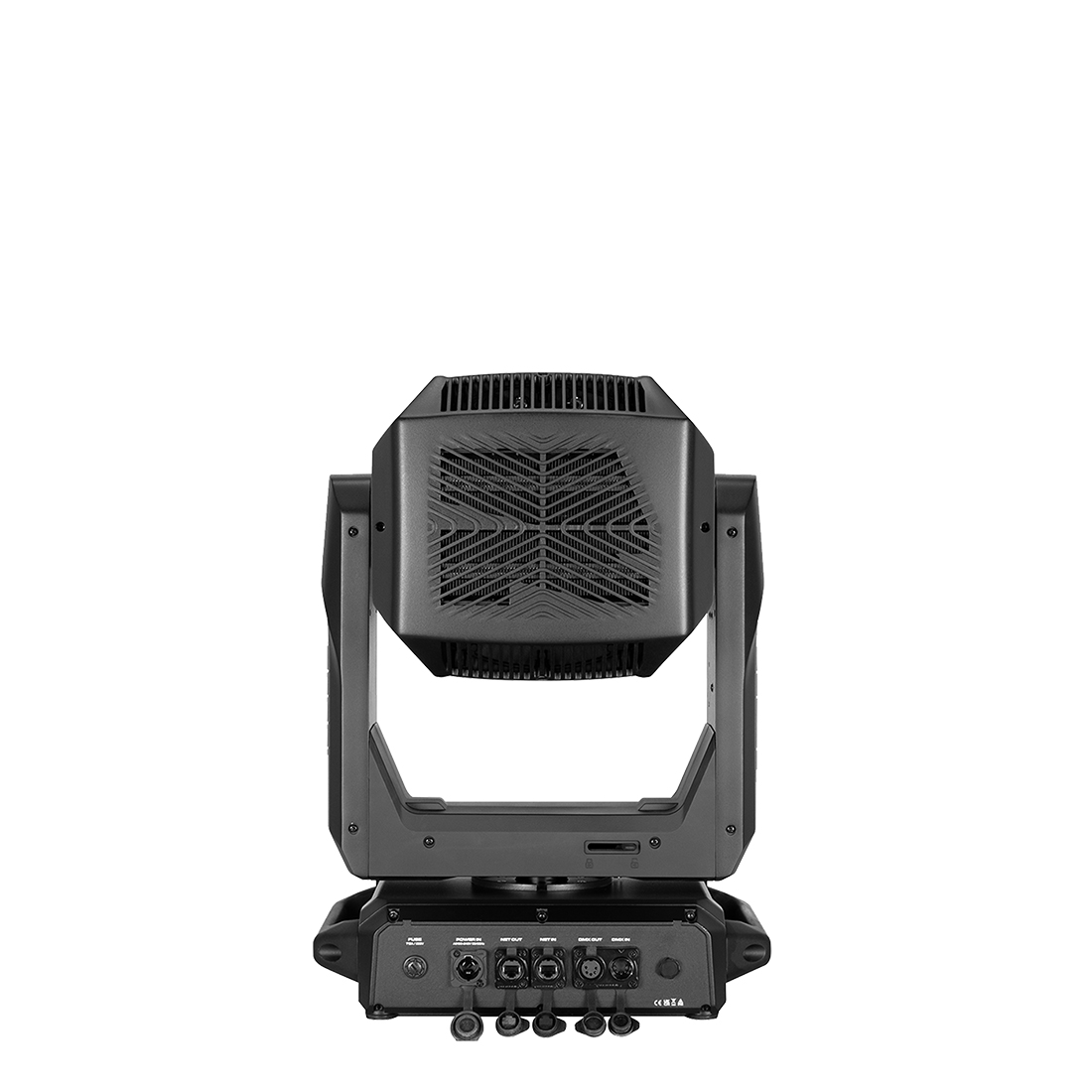 Base do Elation Rebel Profile com conectores estanques DMX de 5 pinos, RJ45 Ethernet e entrada de corrente IP65