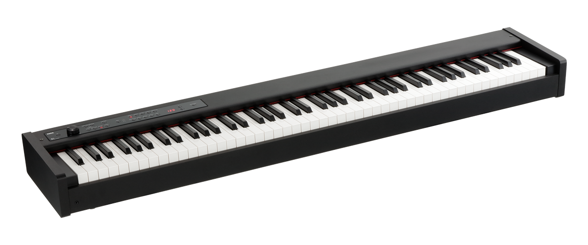Piano digital Korg D1 preto visto na diagonal, com as 88 teclas e o painel de controlo à esquerda