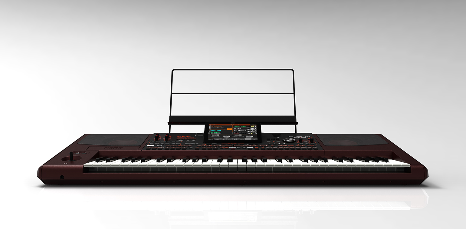 Teclado arranger Korg Pa1000 de frente com a estante montada
