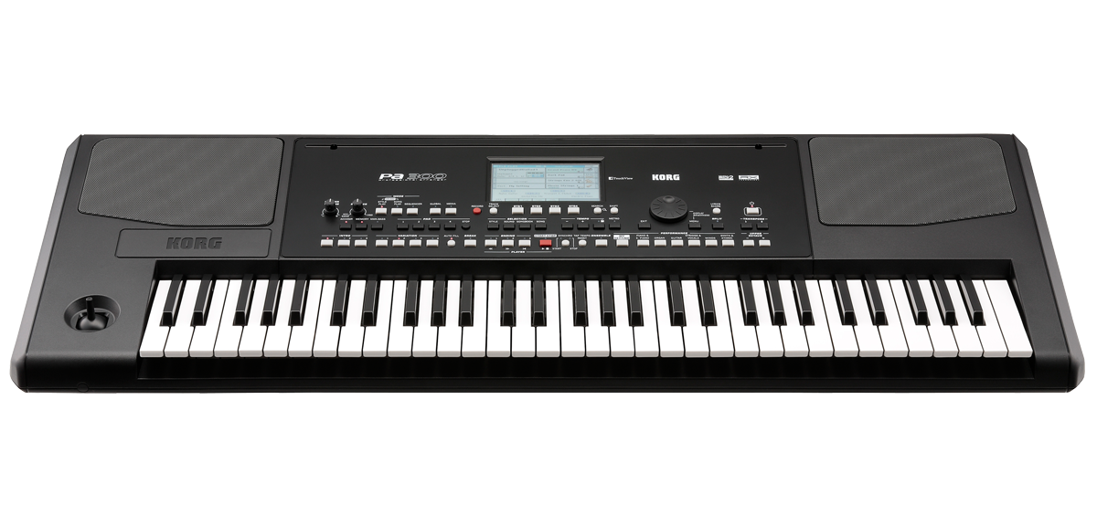 Korg Pa300 visto de frente, com o ecrã tátil ao centro e os botões de estilos e sons dos lados