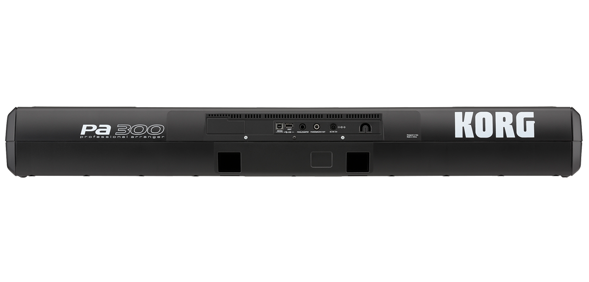 Painel traseiro do Korg Pa300 com a saída estéreo, as portas USB, a entrada de pedal e a entrada de alimentação