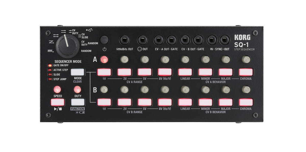 Korg SQ-1 visto de cima, com as duas filas de 8 botões rotativos e teclas de passo, e os botões SPEED e DUTY