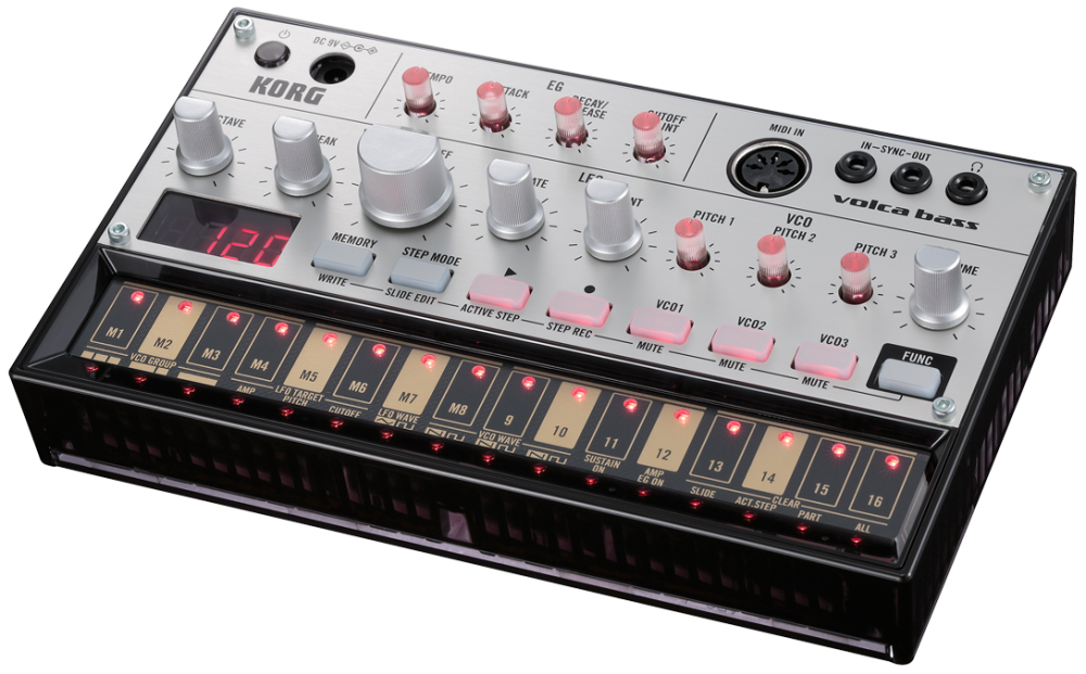 Korg volca bass em perspetiva, com os LED do sequenciador acesos e os botões dos três osciladores