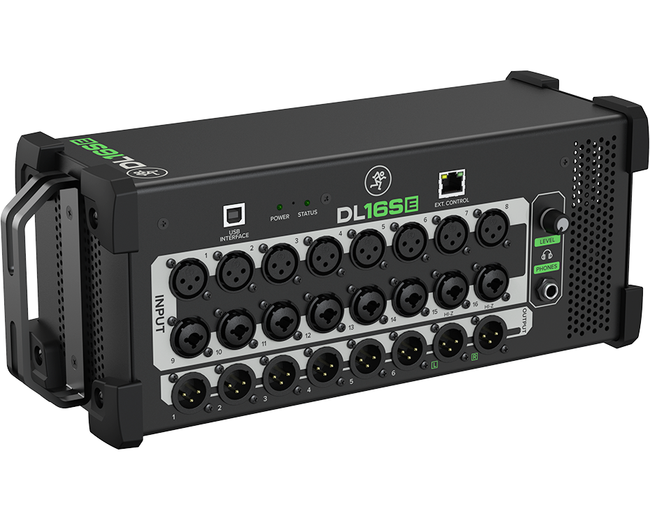 Mackie DL-16SE, mesa de mezclas digital de 16 canales en formato cajetín de escenario, vista de tres cuartos