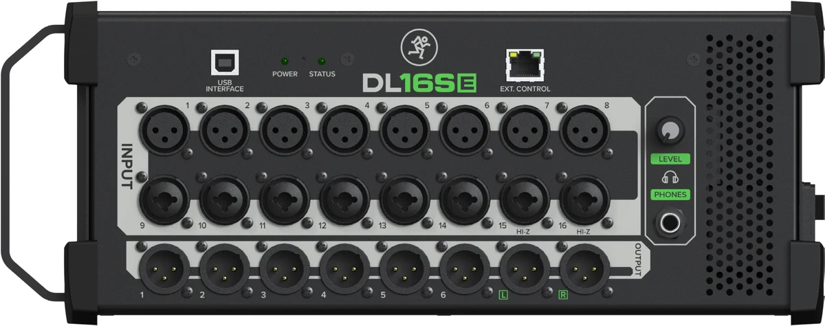 Panel frontal del Mackie DL-16SE con las 16 entradas, las 8 salidas XLR, el conector USB, el puerto Ethernet EXT. CONTROL y la salida de auriculares