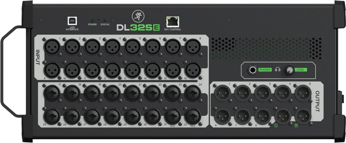 Panel frontal del Mackie DL32SE con las 32 entradas, las 10 salidas XLR, el conector USB, el puerto Ethernet EXT. CONTROL y la salida de auriculares