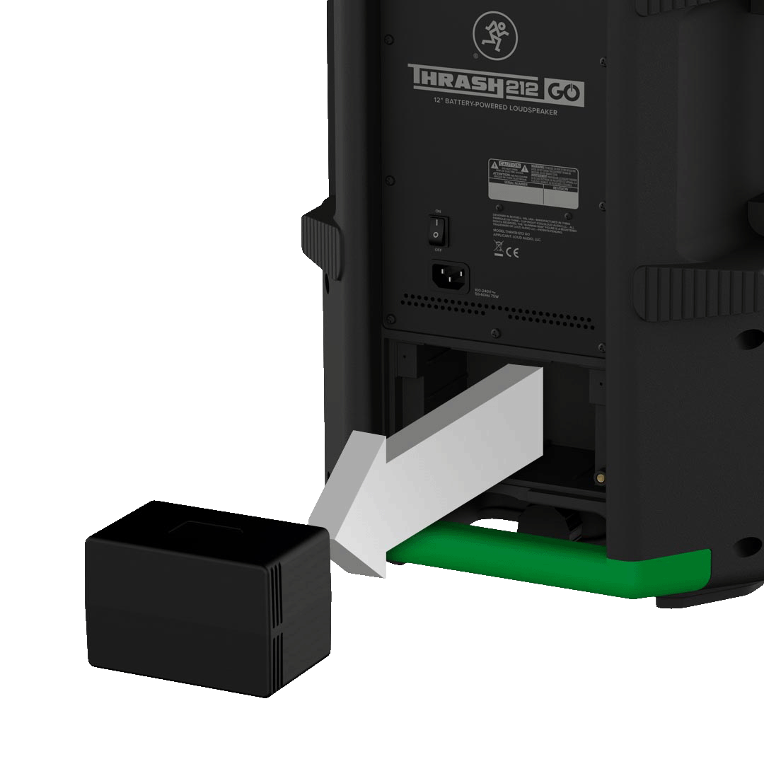 Compartimento de batería del Mackie ThRash 212 GO con la GB-200 extraída, junto al interruptor de encendido y la toma de red
