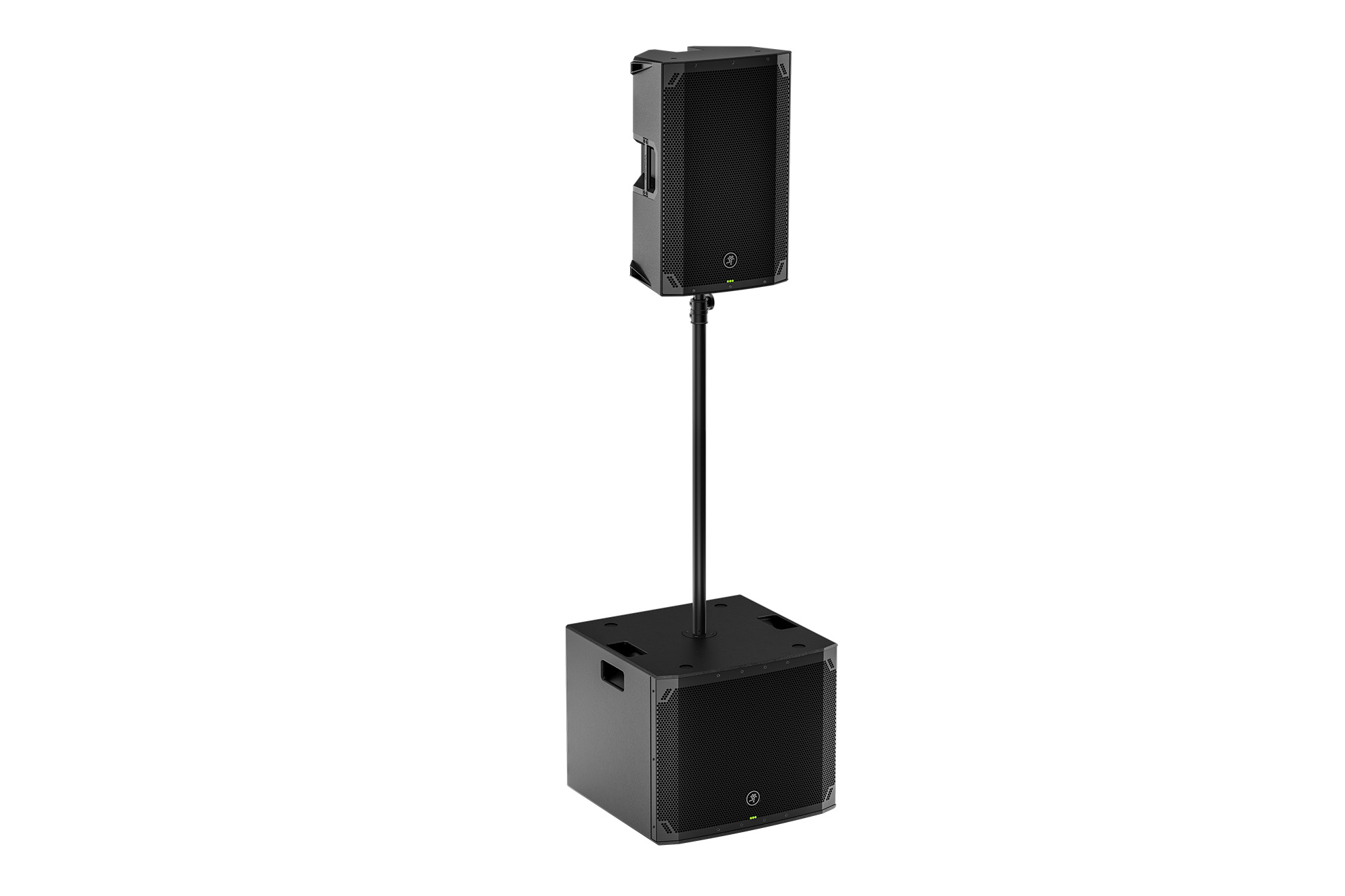 Mackie Thump12v4 montado sobre un subwoofer Thumpv4 con mástil de altavoz