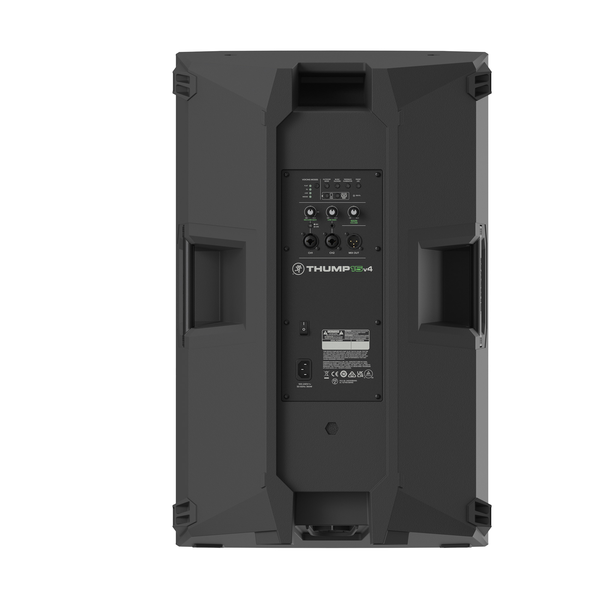 Panel trasero del Mackie Thump15v4 con los modos de sonorización, Outdoor Mode, Music Ducking, Feedback Eliminator, ganancias de CH1 y CH2, volumen general y salida Mix Out
