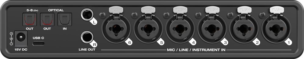Panel trasero de la MOTU OctaLite: toma de alimentación de 15 V, USB-C, tres conectores ópticos, dos salidas de línea jack y seis entradas combo XLR/jack