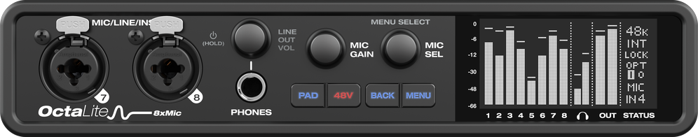 Panel frontal de la MOTU OctaLite con dos entradas combo, salida de auriculares, mandos MIC GAIN y MIC SEL, botones PAD, 48V, BACK y MENU y pantalla OLED con medidores