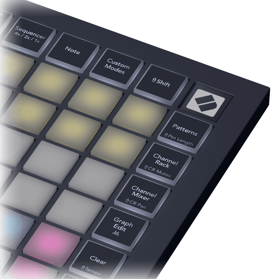 Detalle de los botones de vista y flujo de trabajo del Novation FLpad Mini