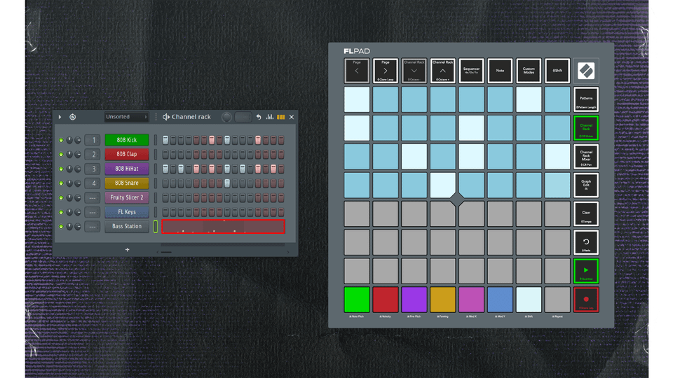 Novation FLpad mostrando los canales del Channel Rack de FL Studio con sus colores en los pads