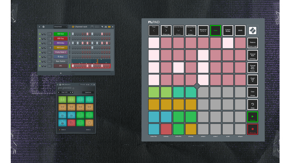 Disposicion FPC del FLpad junto a los pads del instrumento FPC de FL Studio