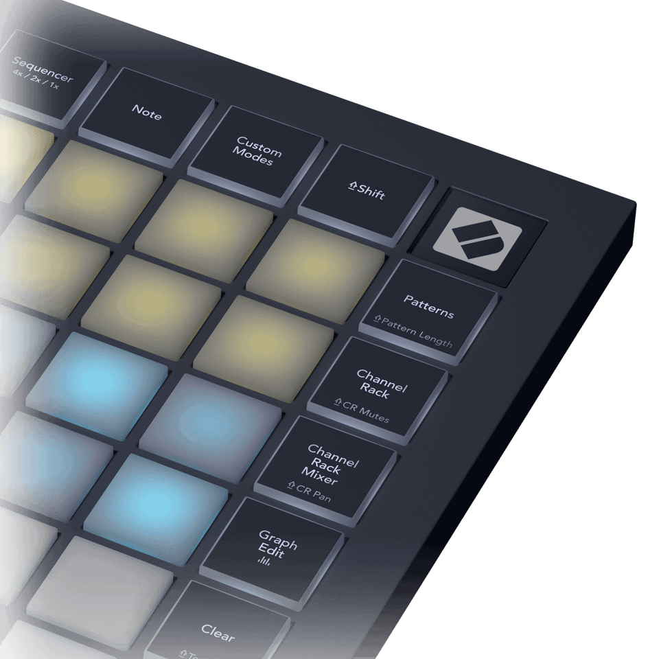 Detalle de los botones de vista y flujo de trabajo del Novation FLpad