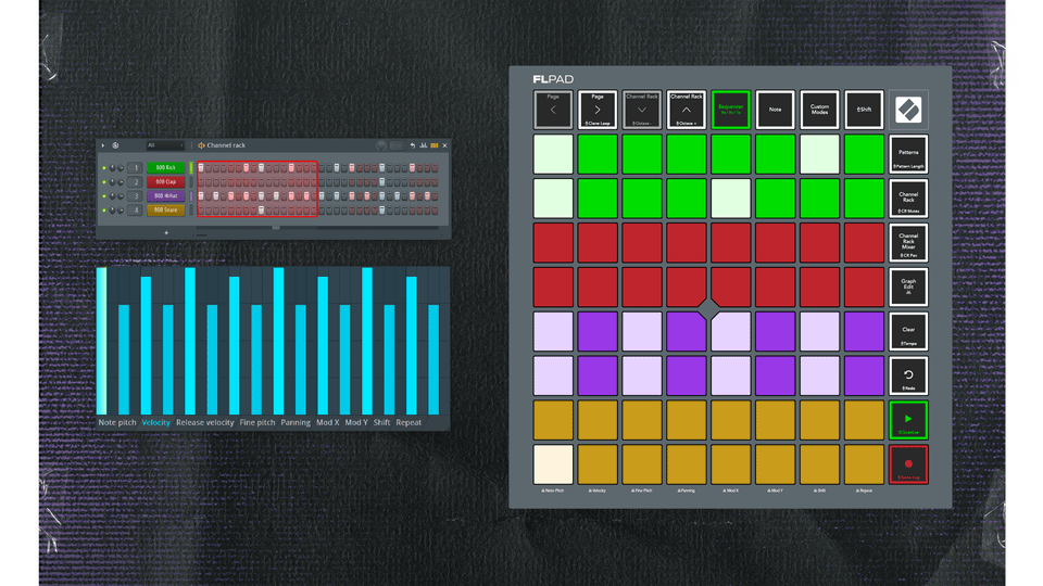 Secuenciador 4x del FLpad con cuatro canales de FL Studio programados a la vez