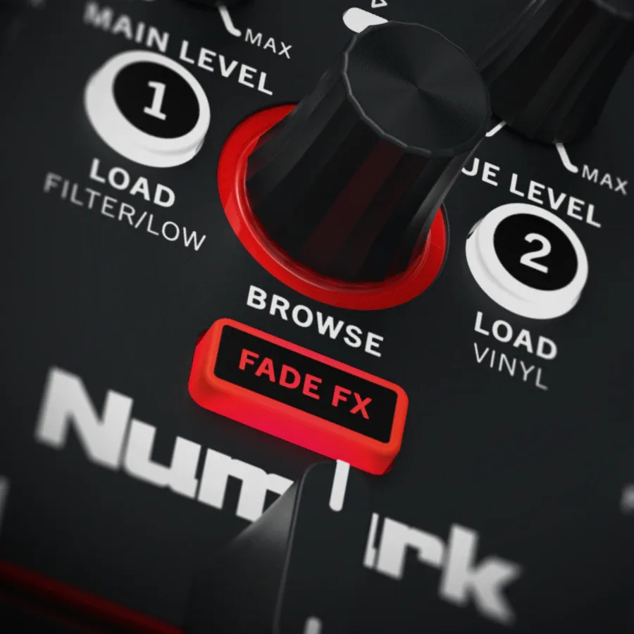 Detalle del botón FADE FX y el encoder BROWSE de la Numark MixTrack Go