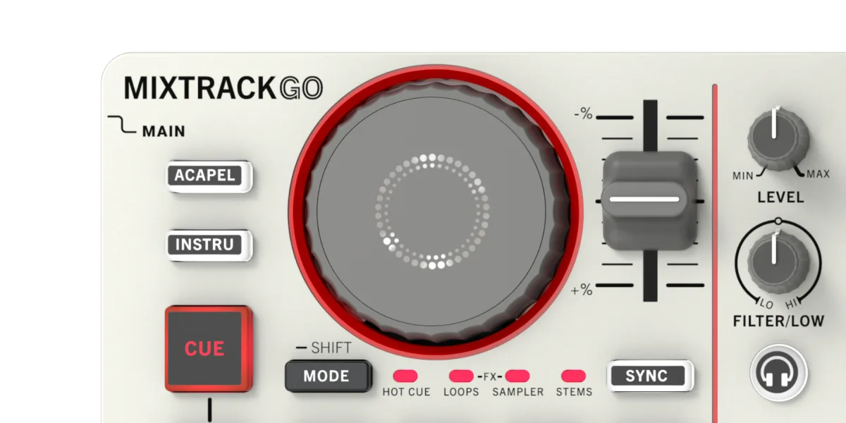 Detalle del deck izquierdo con los botones ACAPEL e INSTRU y los modos de pad de la MixTrack Go