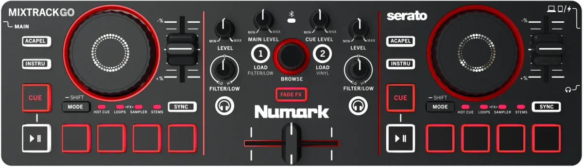 Vista cenital del panel de la Numark MixTrack Go negra con sus dos decks y la sección de mezcla