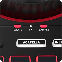 Detalle de los modos de pad y los botones ACAPELLA e INSTRUMENTAL de la Party Mix III