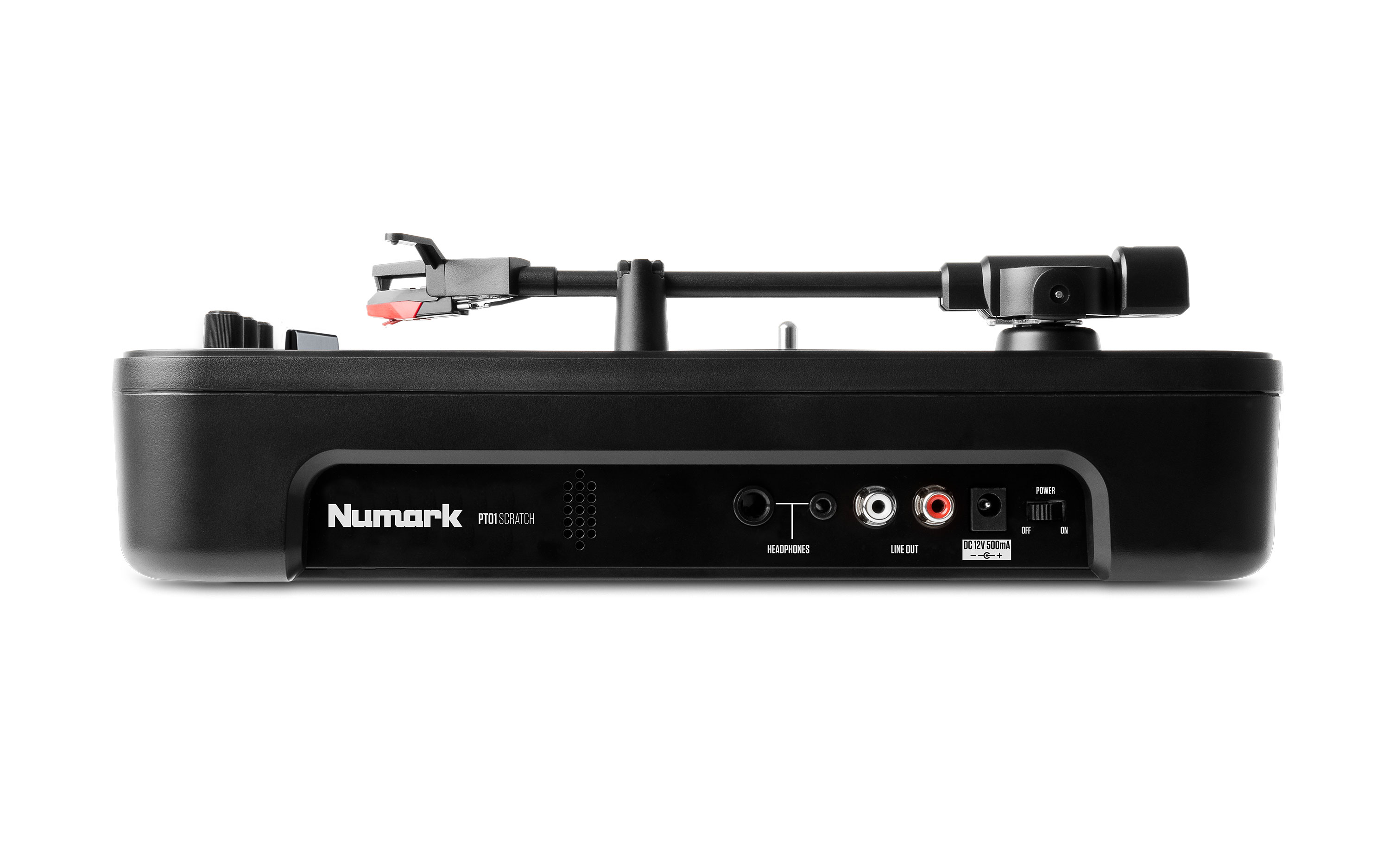 Lateral do Numark PT01 Scratch com as saídas de auscultadores, a saída de linha e a entrada de alimentação