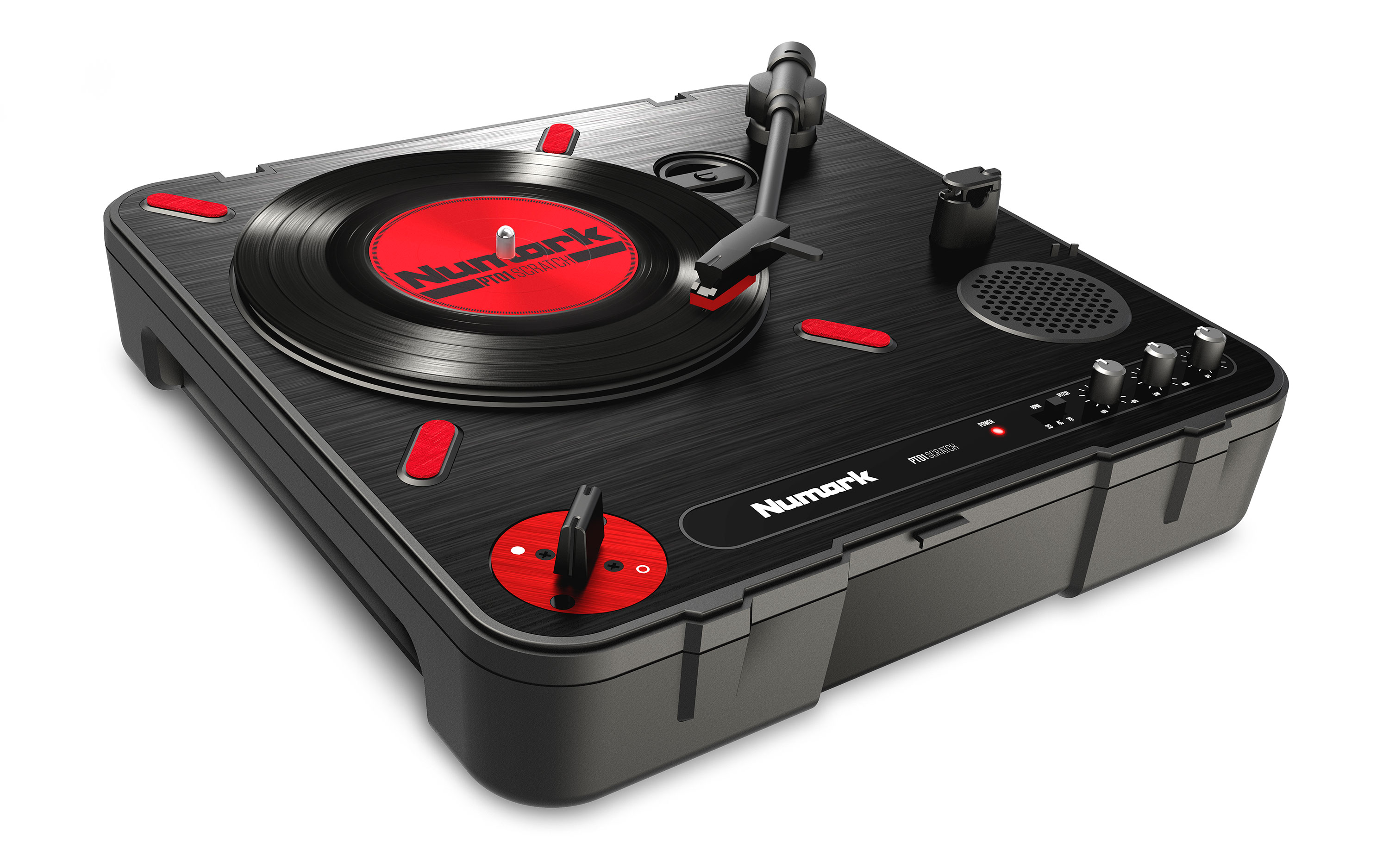 Numark PT01 Scratch sem tampa, com o braço, o Scratch Switch e um disco no prato