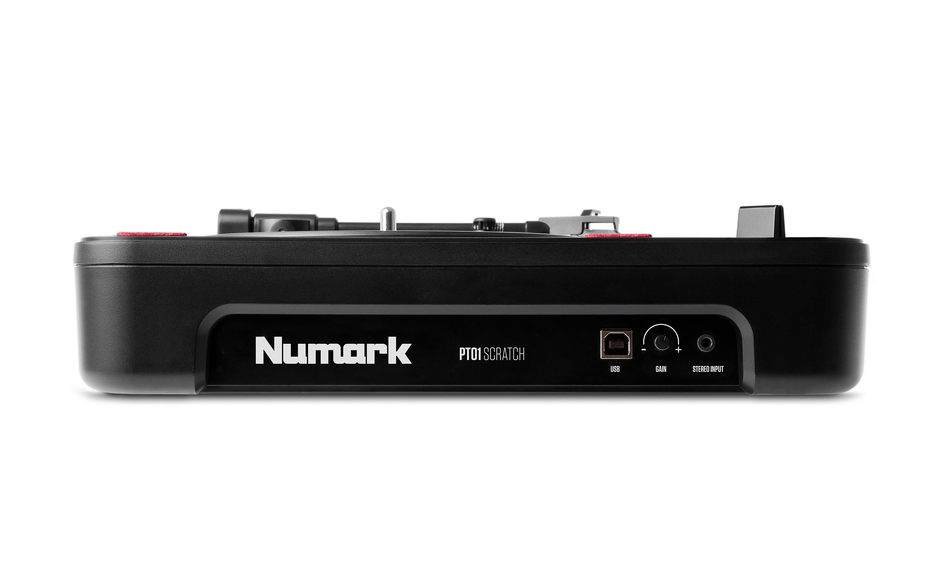 Lateral do Numark PT01 Scratch com a saída USB, o controlo Gain e a entrada estéreo