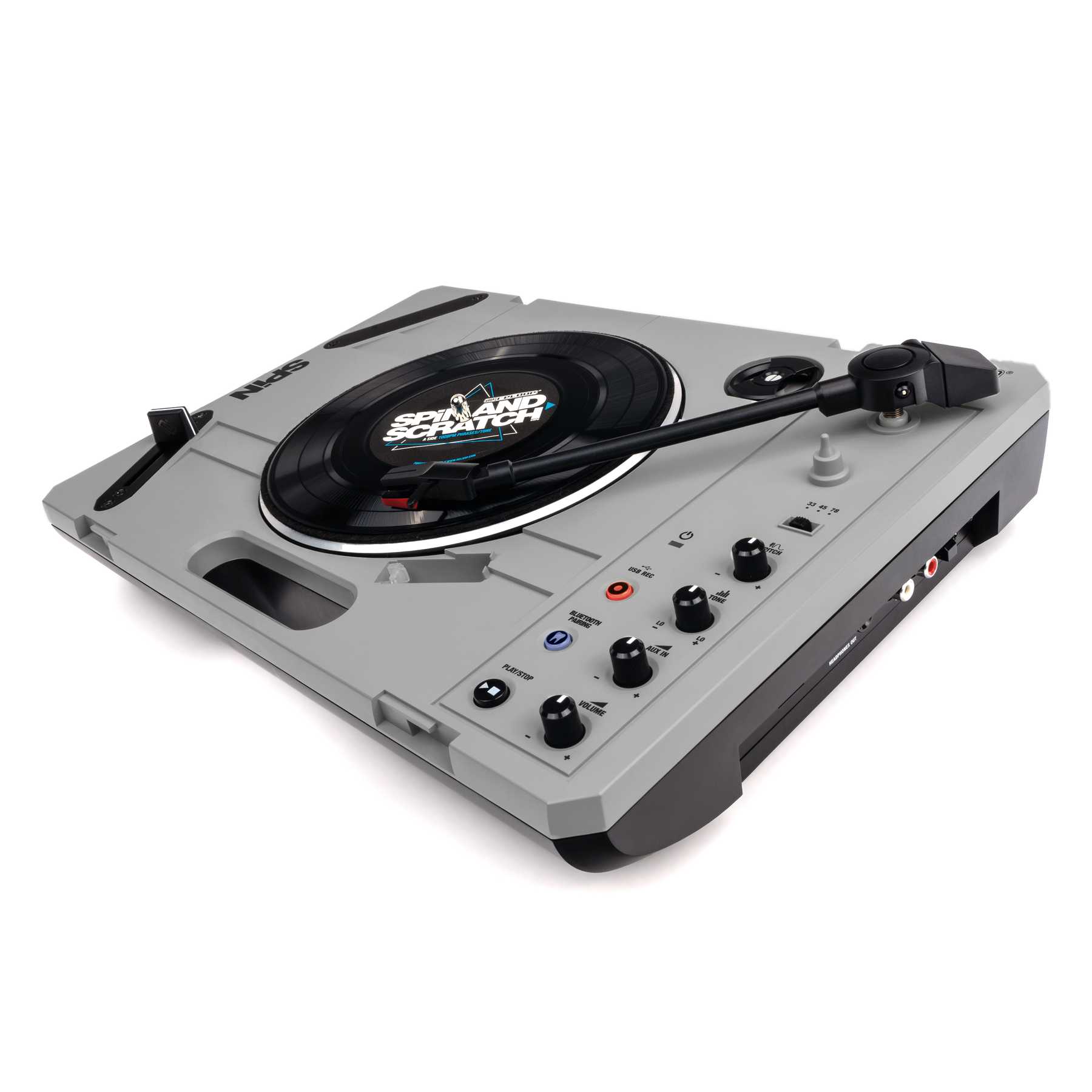 Reloop SPIN sem tampa, com o disco de scratch Spin and Scratch de 7 polegadas no prato