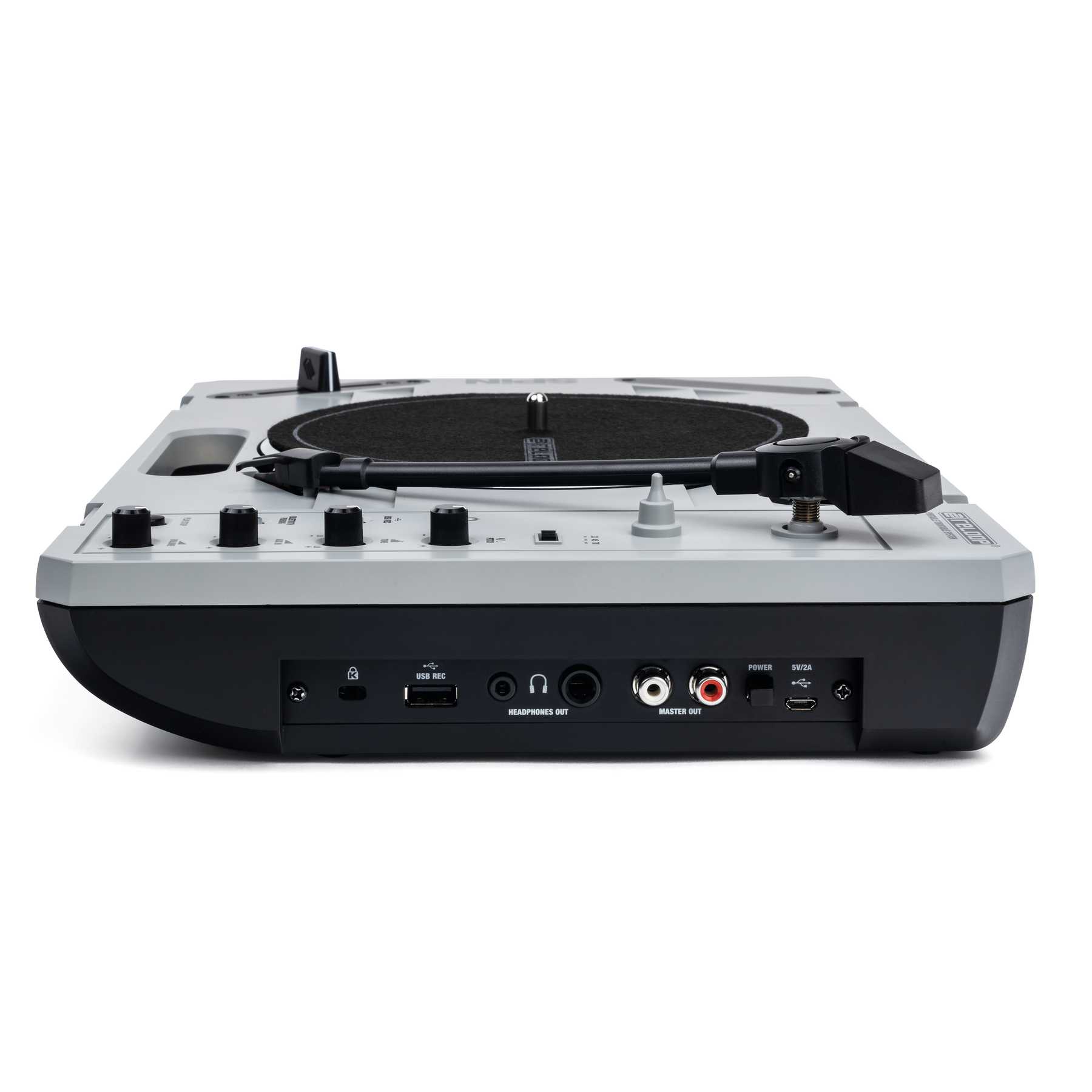 Painel traseiro do Reloop SPIN com gravação USB, saídas de auscultadores, Master RCA, interruptor e entrada micro USB