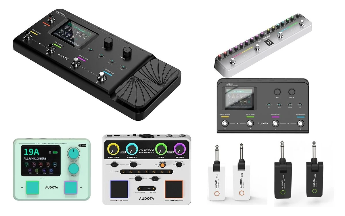 Gama AUDOTA: pedaleras AME-200 Pro y AME-200, ACE-100, AME-100, procesador de voz AVE-100 e inalámbricos G24 y G58
