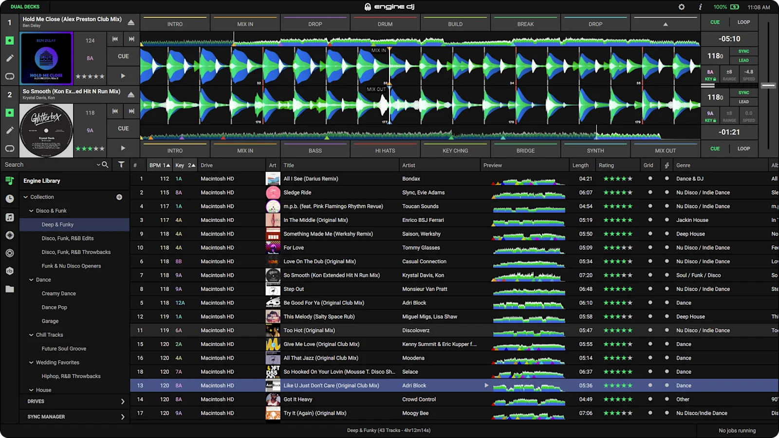 Engine DJ Desktop con dos decks activos mostrando la mezcla de dos temas