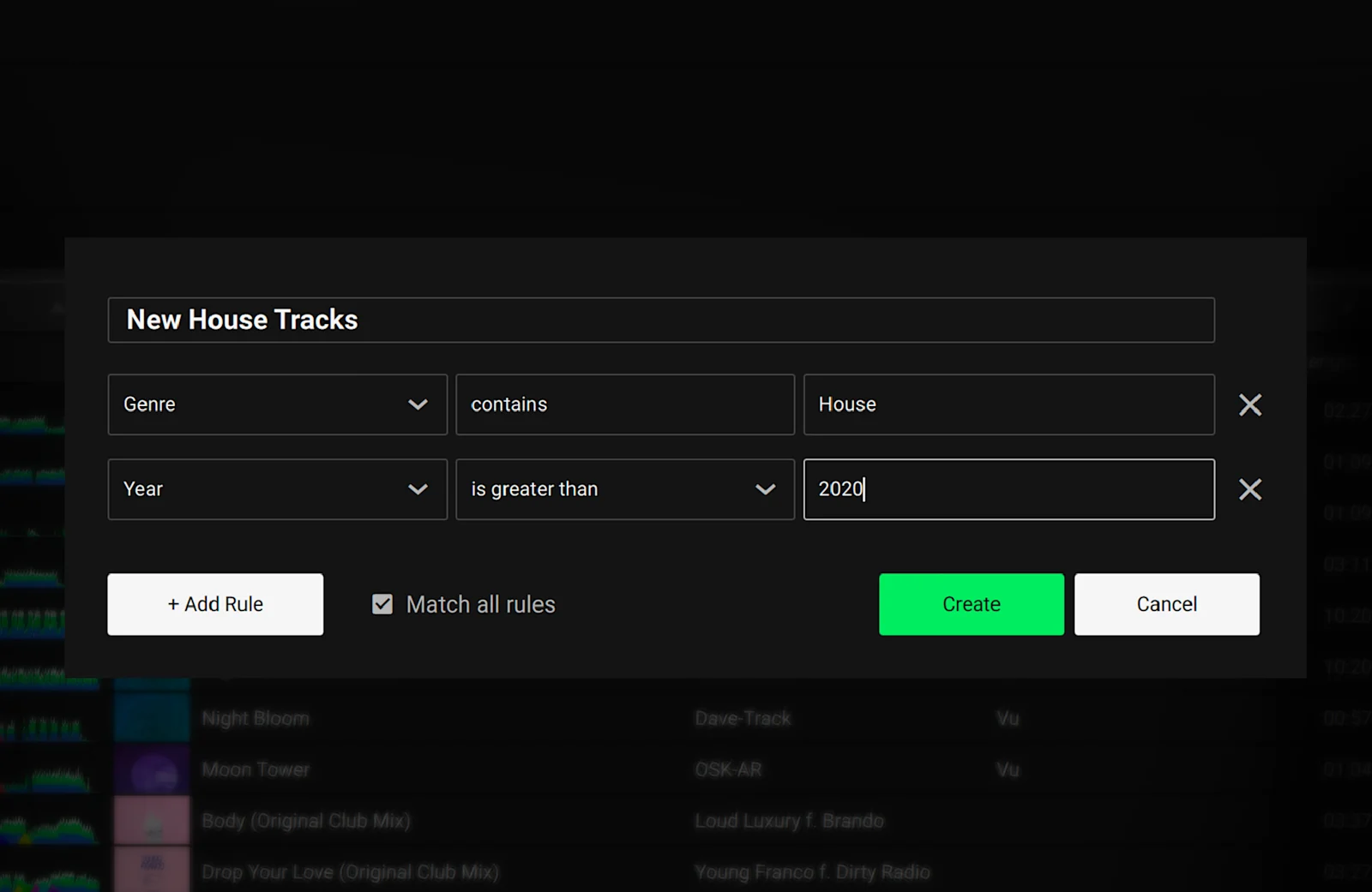 Ventana de creación de una Smartlist en Engine DJ Desktop con reglas de género y año