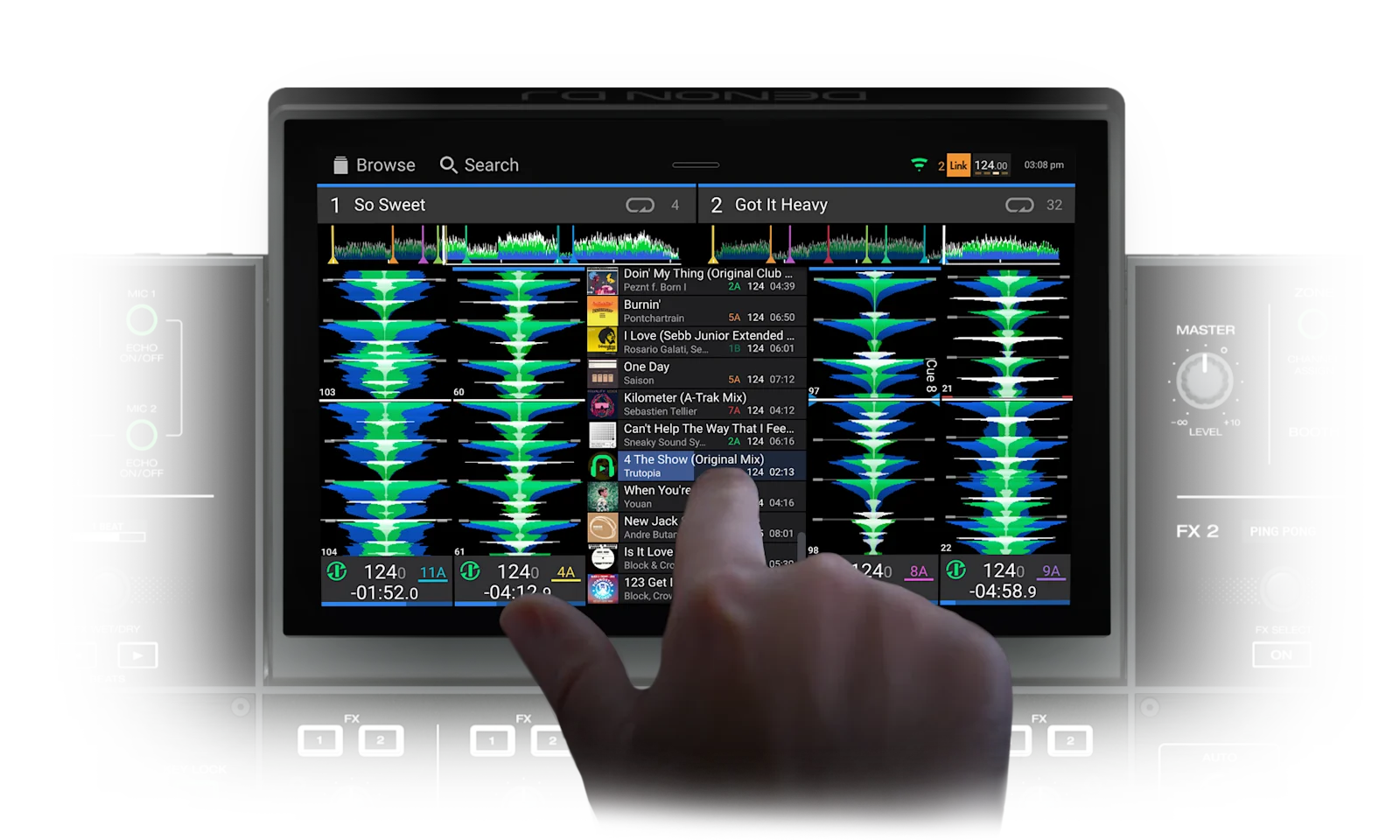 Pantalla de un equipo Denon DJ con Engine DJ OS mostrando cuatro decks y sus formas de onda