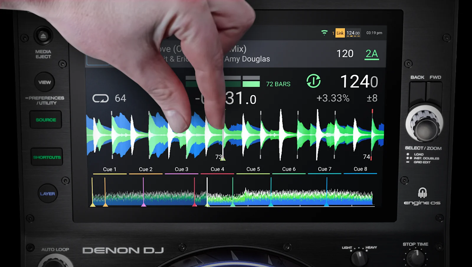 Gesto de pellizco sobre la forma de onda en la pantalla t&aacute;ctil de un Denon DJ SC6000